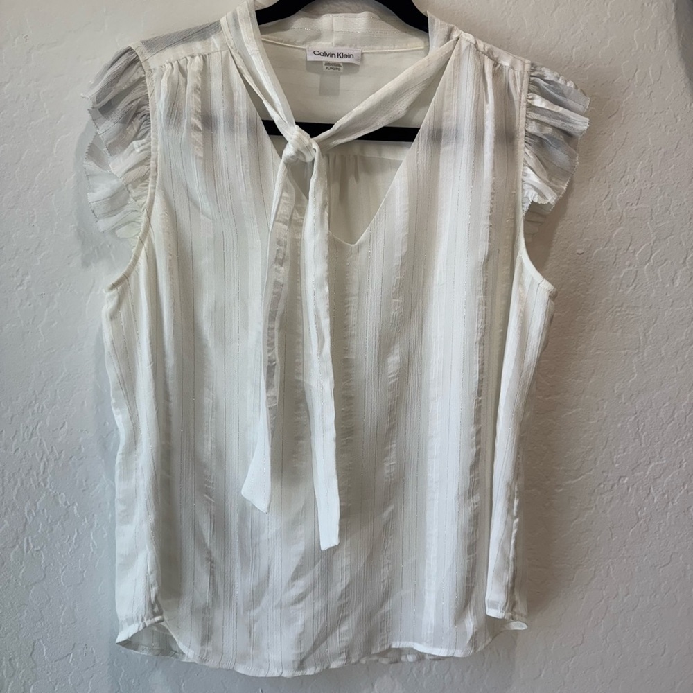 Calvin Klein Cream Ruffled Tie-Front Blouse